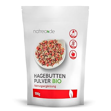 Natrea BIO Hagebuttenpulver 500g | ganze Hagebutte schonend gemahlen, in Deutschland abgefüllt und geprüft ? 100% reines BIO 