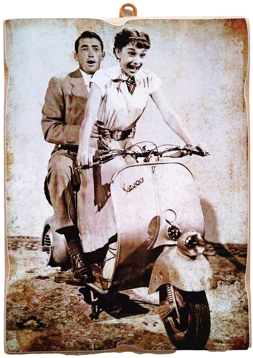 KUSTOM ART Picture Picture Vintage Style Actors Hollywood G. Peck & A. Hepburn Roman Holidays Serving Pizza. Wood Print For Furniture Restaurant Pizzeria Bar Hotel 40X30cm.