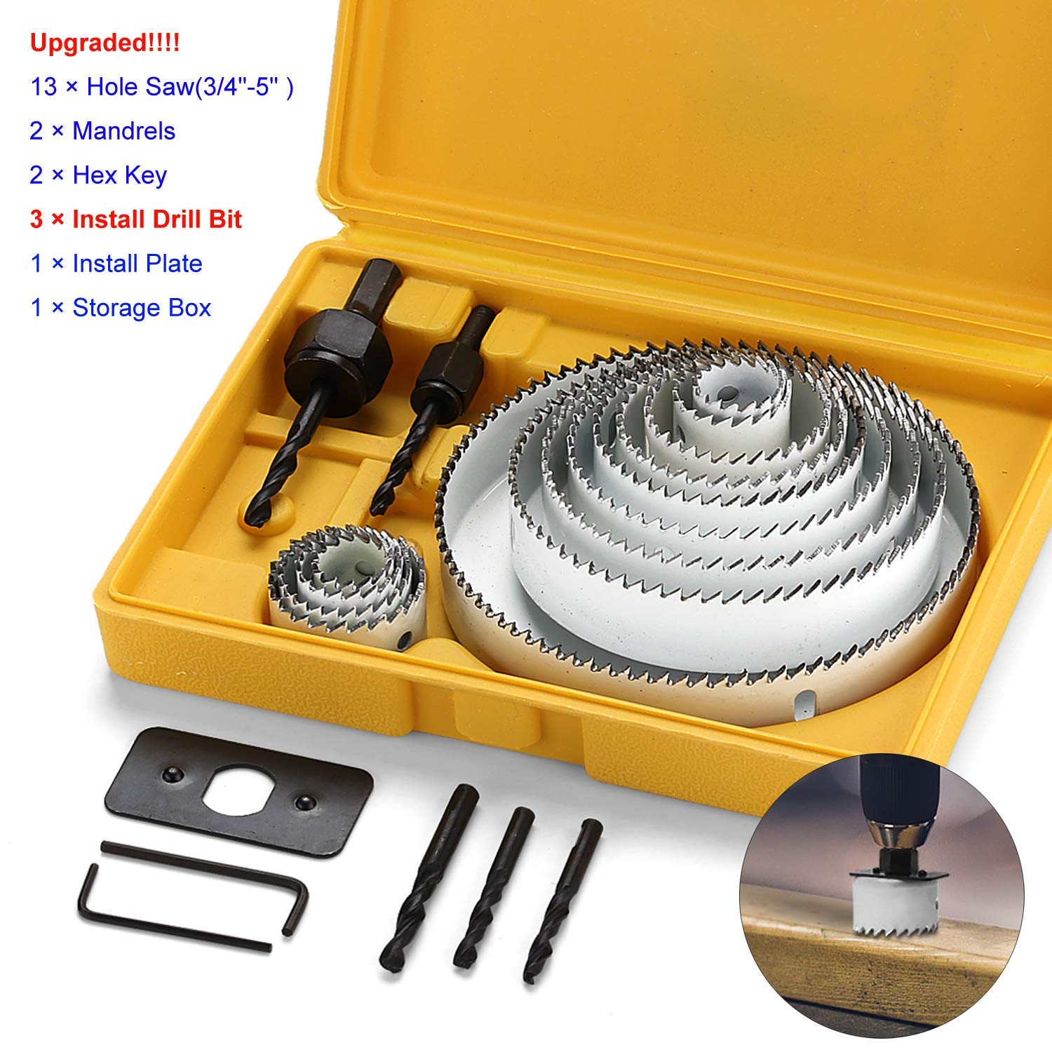 21pcs Carbon Steel Hole Saw Sets kit,Normal Wood, Plywood, Drywall, PVC Board and Plastic Plate, Hole Saws with Mandrels, Hex Key and Install Plate, Cut Diameter 3/4"-5" Full Set in Storage Box