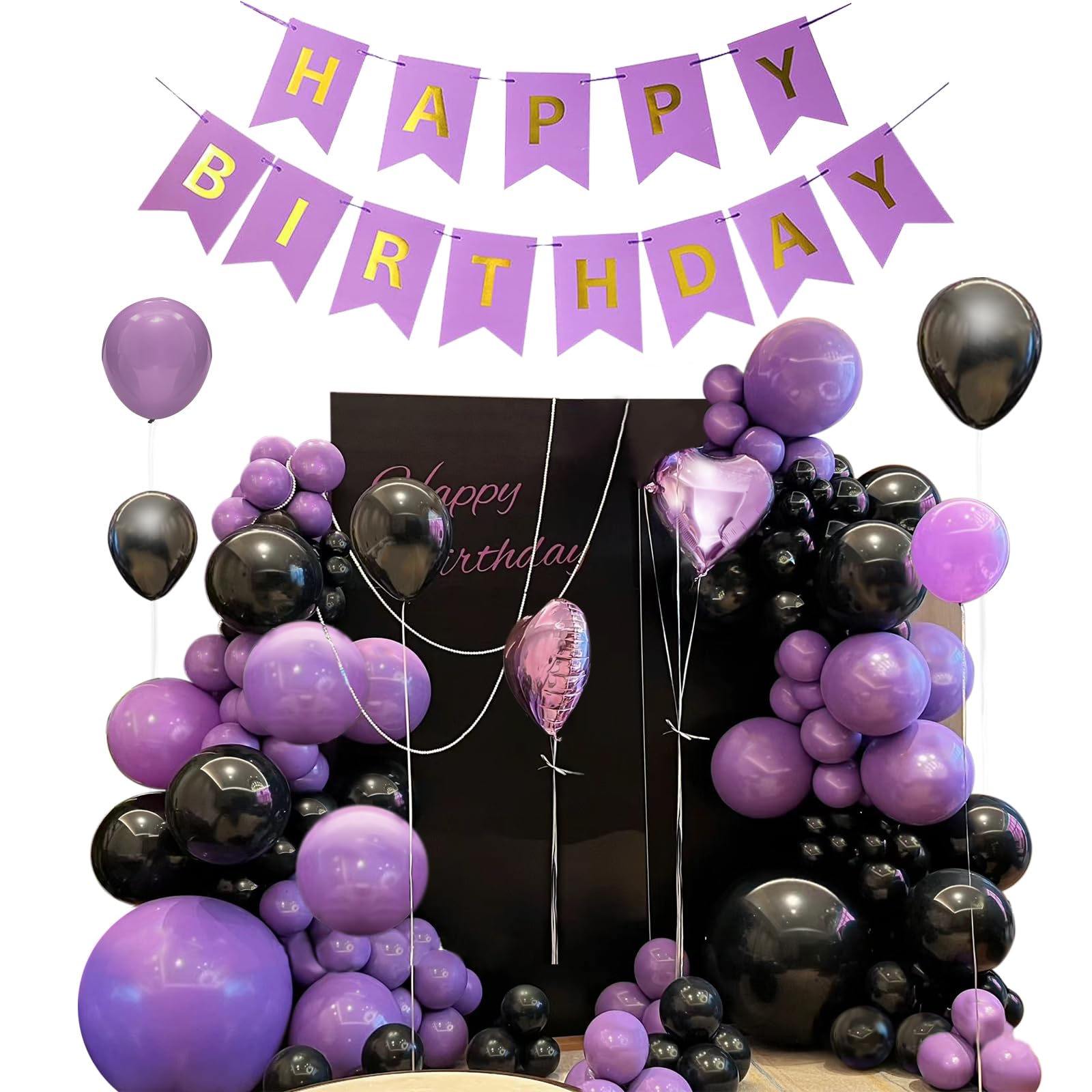 Photo 1 of ***MISSING PIECES*** af-tigonhw Black Purple Birthday Decorations for Women Girls, Kit with Purple Happy Birthday Banner, 2pcs Foil Heart Balloons, 64 Count
