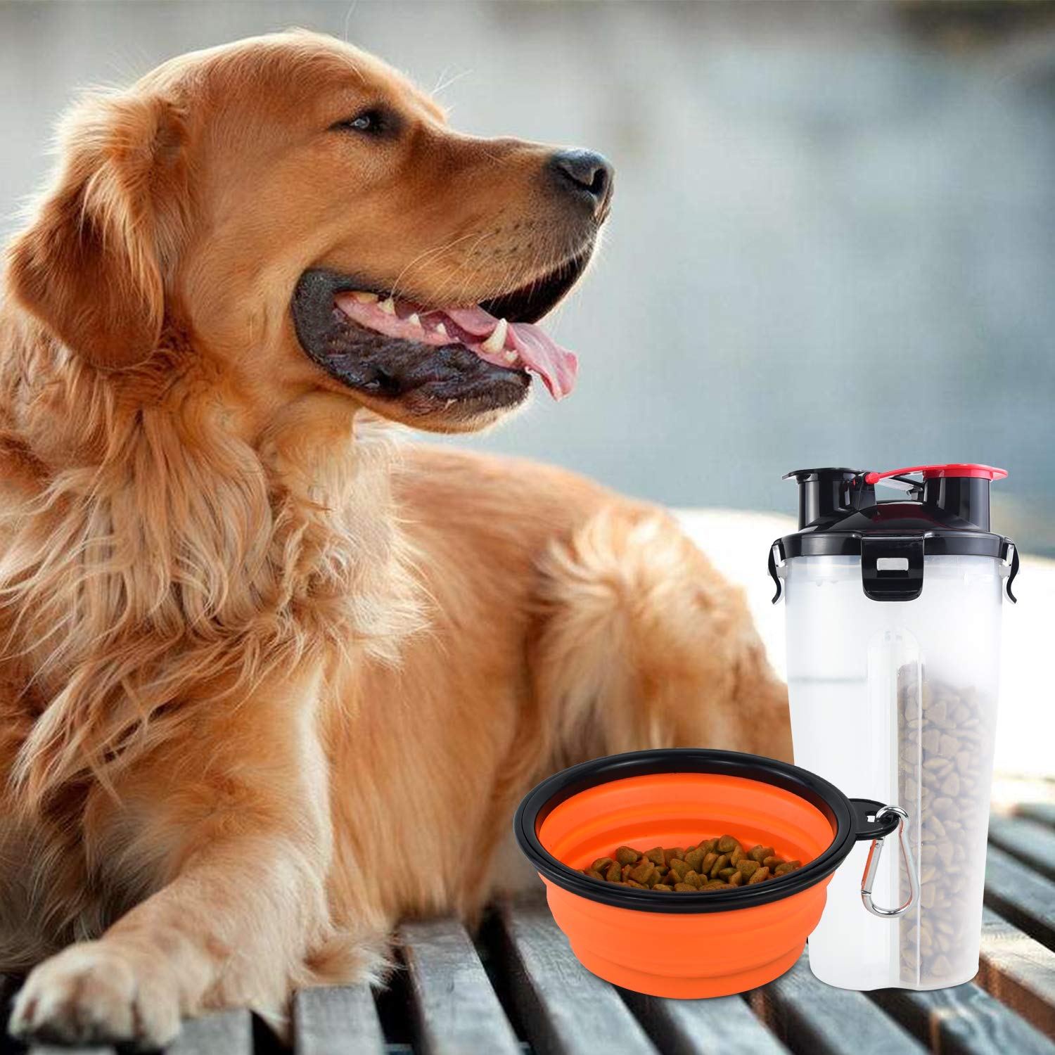 ZukoCert Dog Water Bottle Pet Food Container 2-in-1 with Collapsible Travel Dog Bowls Slow Feeder Outdoor Drinking Cup Portable Dog Feeder(White_No.2)