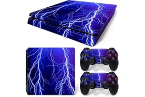 ROIPIN for PS4 Slim Skin Console and Controller, Stickers Vinyl Decals for Playstation 4 Slim Console and Controllers, Skin Sticker Protective Film（Blue Lightning）
