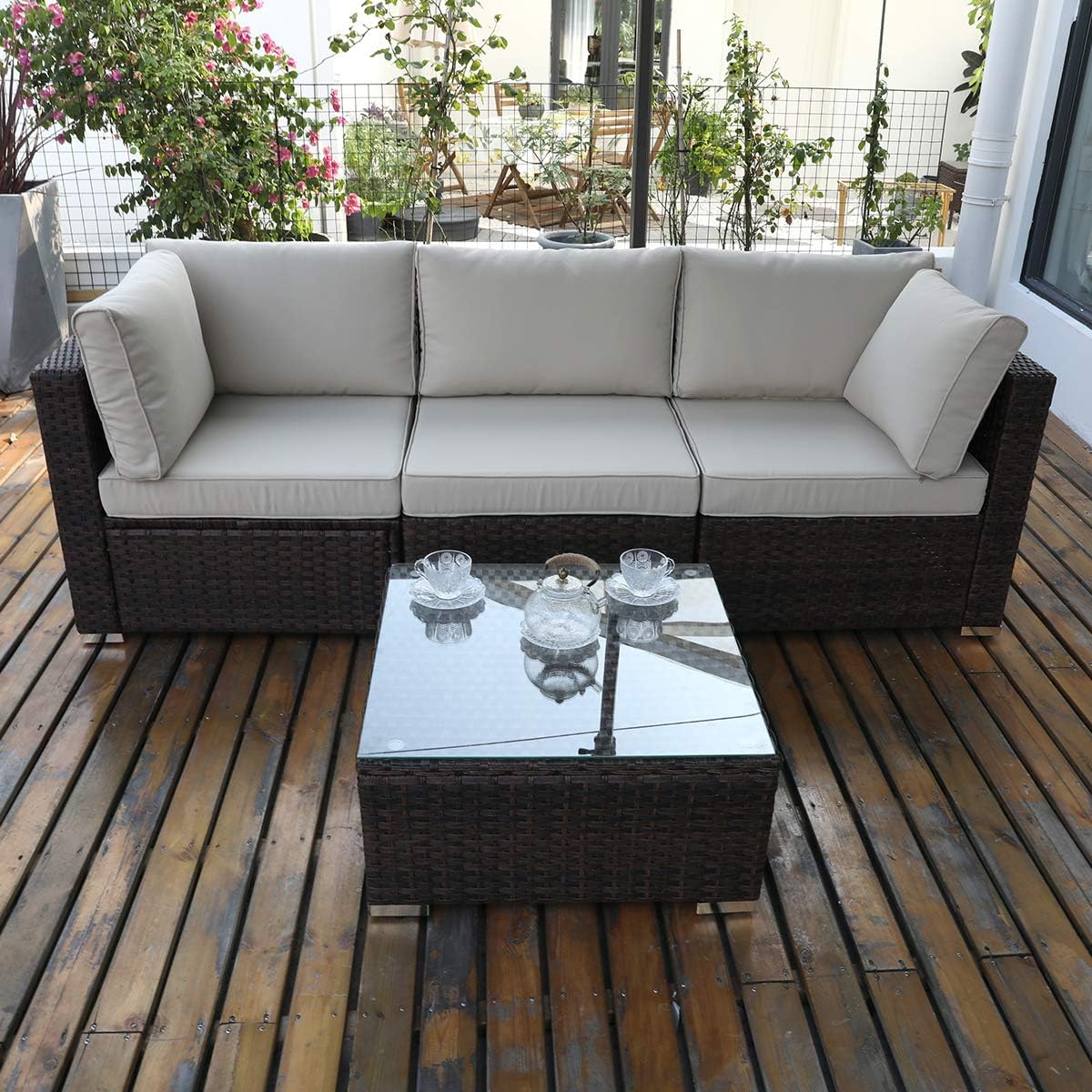 DIMAR garden Outdoor Coffee Table Wicker Patio Furniture Conversation Set Lawn Garden Tea Table Rattan Patio Coffee Tables with Glass Top (Mix Brown 25.2in): Garden & Outdoor