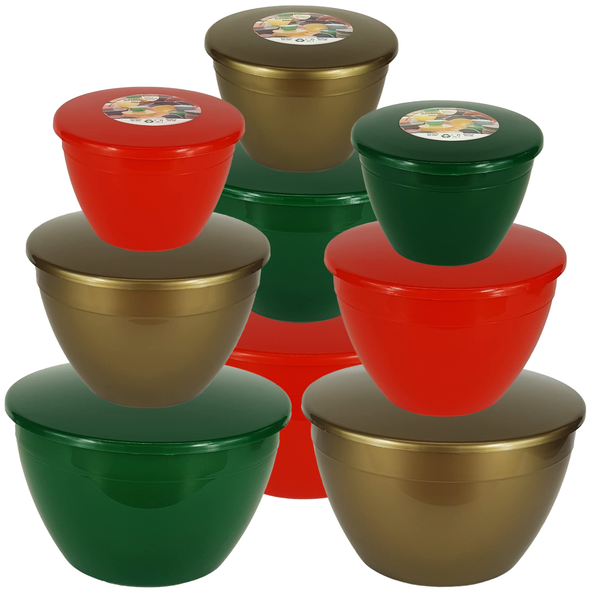 Just Pudding Basins 9 Christmas Pudding Basins and Lids Sizes 1, 2 and 3 Pints in 3 Festive Colours Red, Xmas Green and Gold