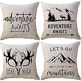 ULOVE LOVE YOURSELF Adventure Awaits Throw Pillow Cover with Arrows Let’s Go to The Mountains/Stay Wild Adventure Decor Cushion Covers Cabin/Camper Decorative Pillowcases 18 x 18 Inch,Set of 4