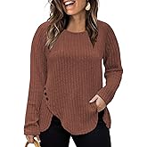 VISLILY Womens-Plus-Size-Tops Trendy Tulip Hem Long Sleeve Shirts Casual Lightweight Knit Sweaters Cute Button Decor Tunics