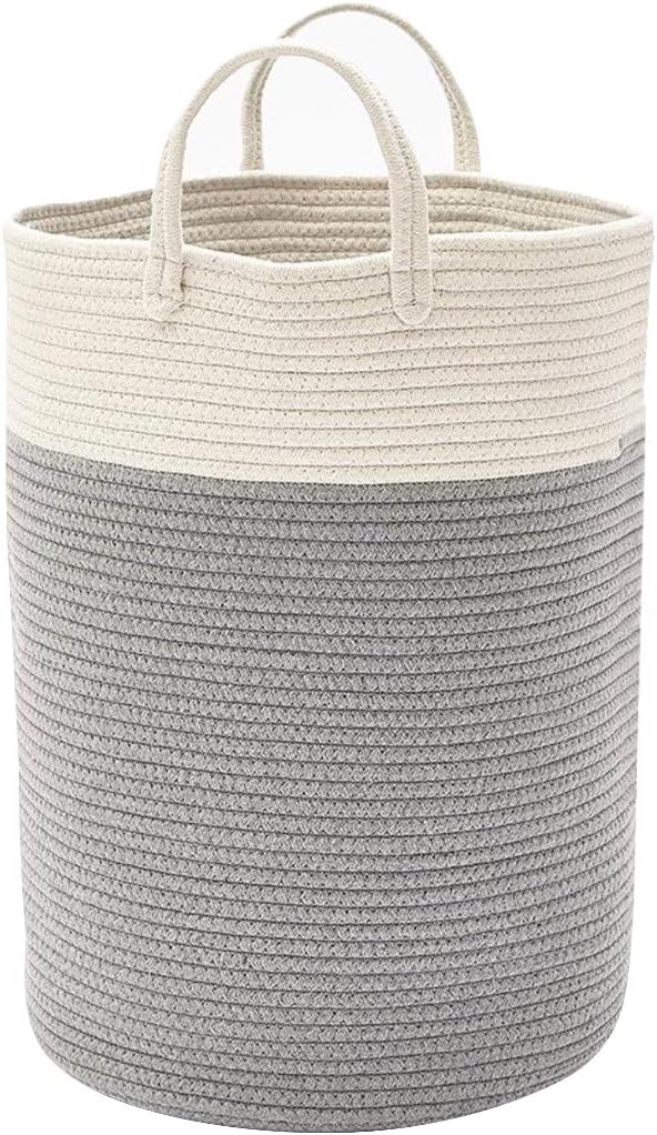 DOKEHOM Extra Großen Faltbare Wäschekörbe, Zusammenklappbaren Tunnelzug Wasserdicht Leinwand Cotton Lagerung Körbe Hemmen 15.7 Inches(D) x 19.7 Inches(H) (Weiß/Grau, L) EINWEG