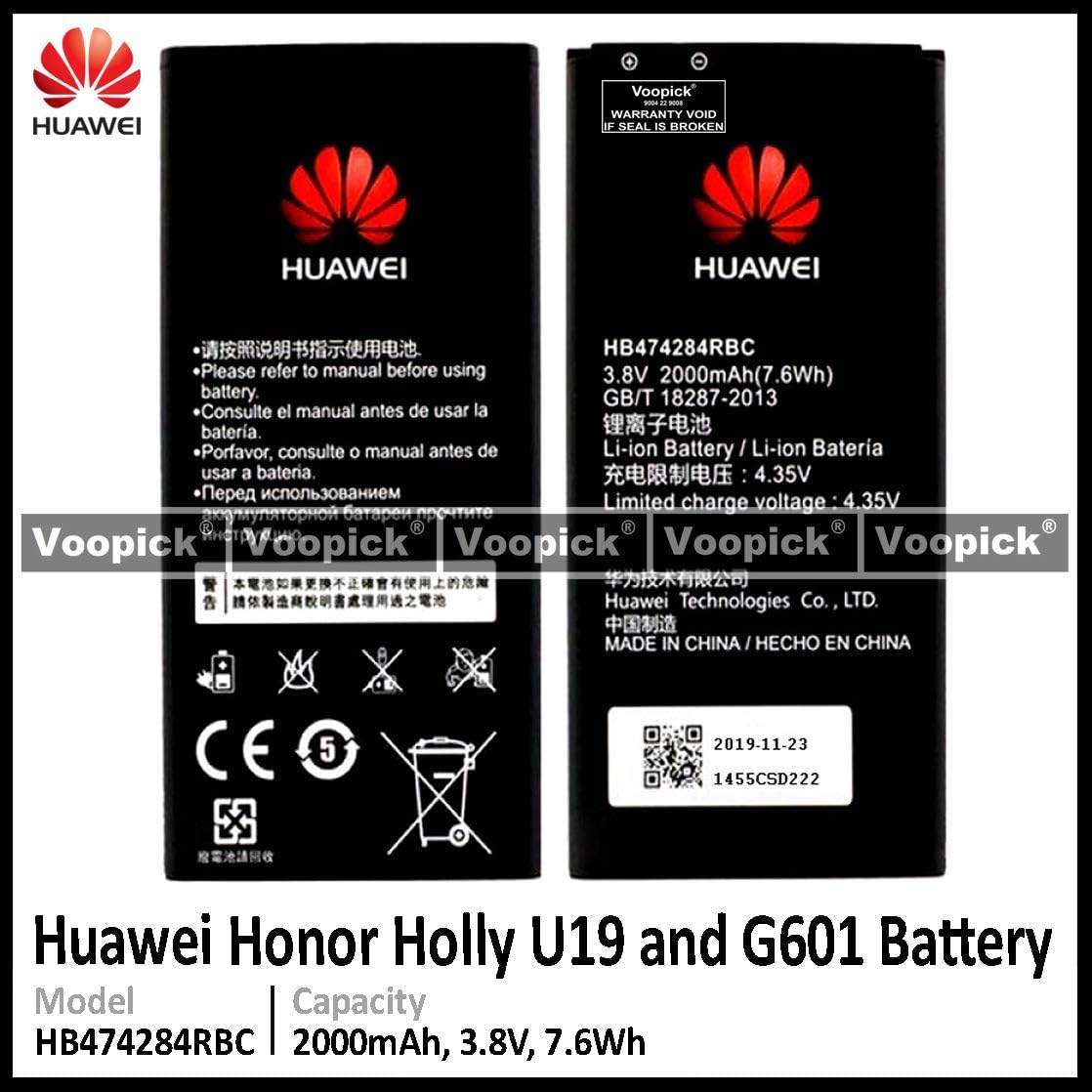 Voopick® Battery for Huawei Honor Holly U19 and G601 (Model: HB474284RBC) 2000mAh Capacity.
