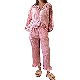 Wyeysyt Womens Gingham Pajamas Set 2 Piece Plaid Cotton Long Sleeve Babydoll Shirt and Ruffle Pants Y2K Pjs Lounge Set