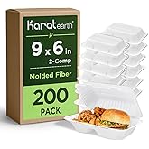 KARAT EARTH Clamshell Take Out Food Containers [9"x6", 200 ct ] 2 Compartments | Compostable To Go Containers, Natural Biodegradable Bagasse | White