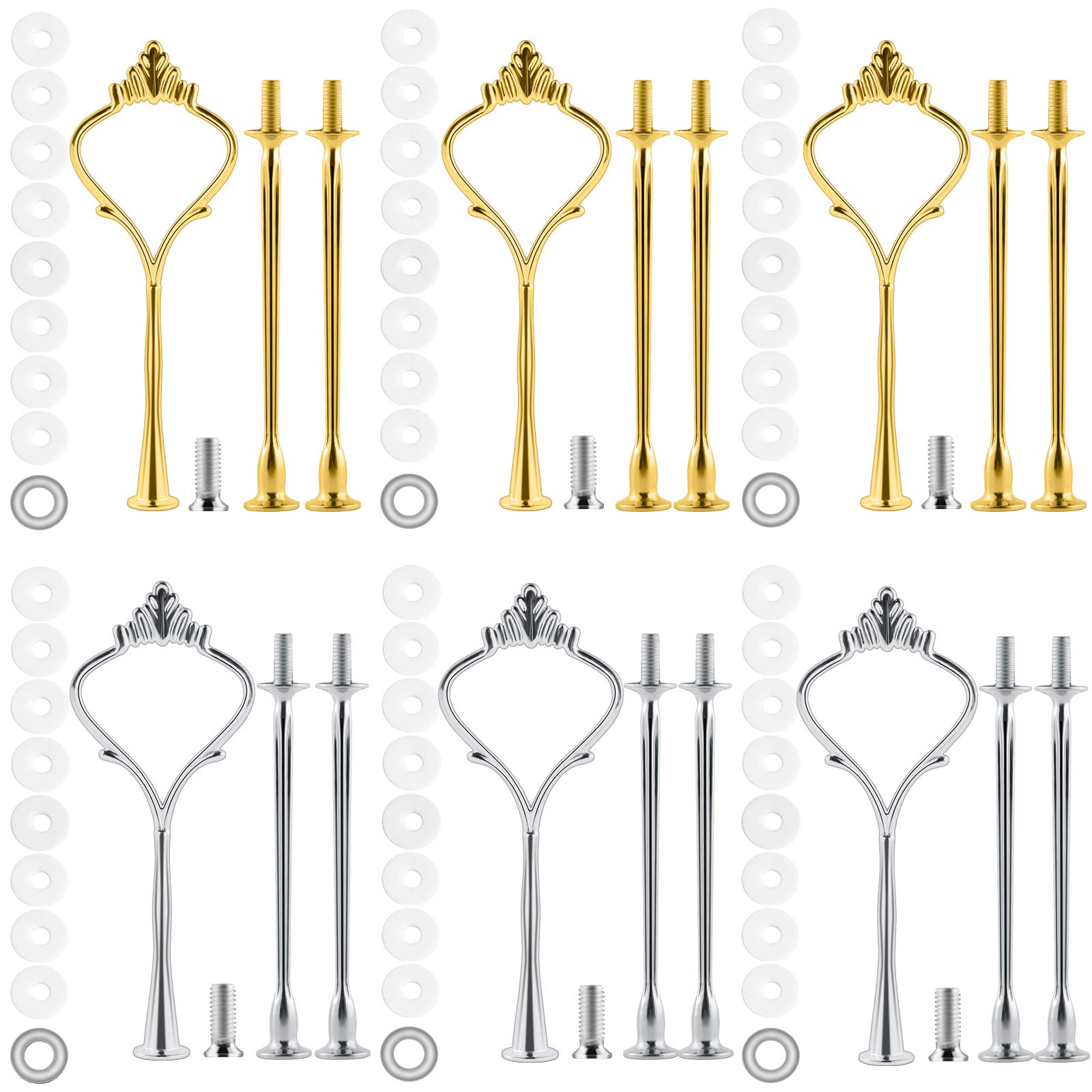 MSDADA 6 Set Cake Stand Fittings Kits, 3 Tiered Tray Hardware for Cake Stand Mold Crown 3 Tier Cake Holder Hardware for Wedding Party Making Resin Cupcake Dessert Platter Serving Stand(Gold&Silver)