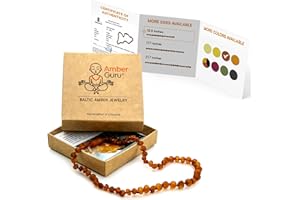 Amber Guru Baltic Amber Necklace (Authentic, Certified) - 12.5 inches - Unisex Jewelry - Cognac (Raw/Unpolished) - Real Amber Beads - Proud to Deliver Genuine Baltic Sea Wonder Handmade