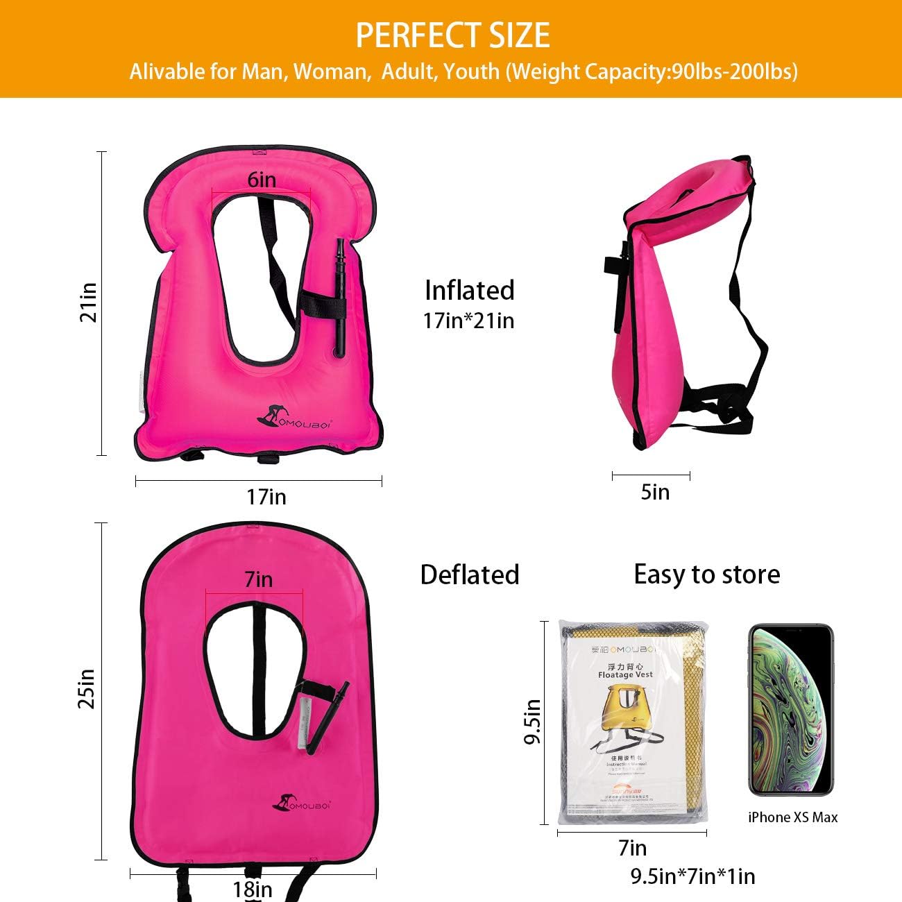 OMOUBOI Inflatable Snorkel Vest for Adults Women Men, Snorkeling Jackets Vests with Crotch Strap for Snorkeling Swimming Paddling Boating Water Sports Beginner Adults-Only 88-180 lbs (Pink): Sports & Outdoors