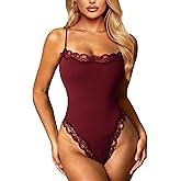 Navneet Women Sexy Lace Bodysuit Lace Trim High Cut Thong Spaghetti Strap Cami Bodysuit Going Out Tank Tops Body Suit