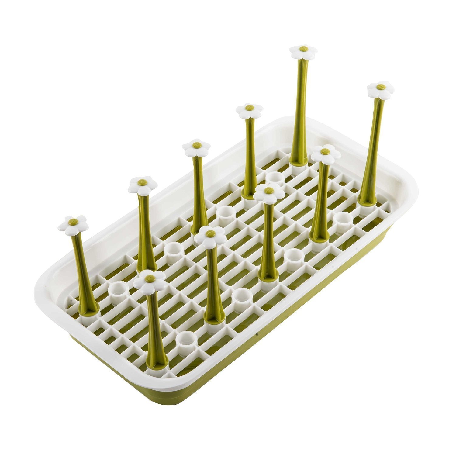 Shinesline Dish Bottle Drying Rack Stand, 10 Pieces Rectangular Plastic Cup Mug Organizer Drainer, Kitchen Accessories Utensils Dryer Tray Holder/Green