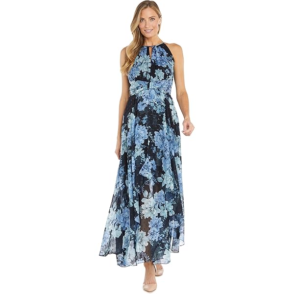 Amazon.com: R&M Richards Women's Romantic Floral Keyhole Halter Metallic  Chiffon Maxi Dress W/Hanky Hem Skirt - Spring & Summer Style : Clothing,  Shoes & Jewelry