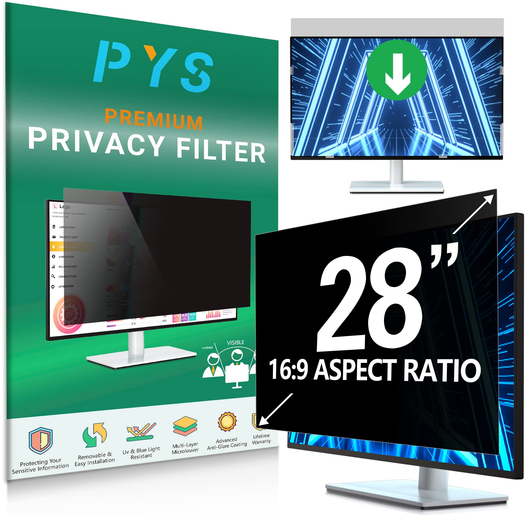 PYS 28 Inch Privacy Screen for 16:9 Widescreen Computer Monitor - Easy Removable Screen Filter Shield - Anti Glare & Blue Light - Anti Scratch Protector Film for Data Security