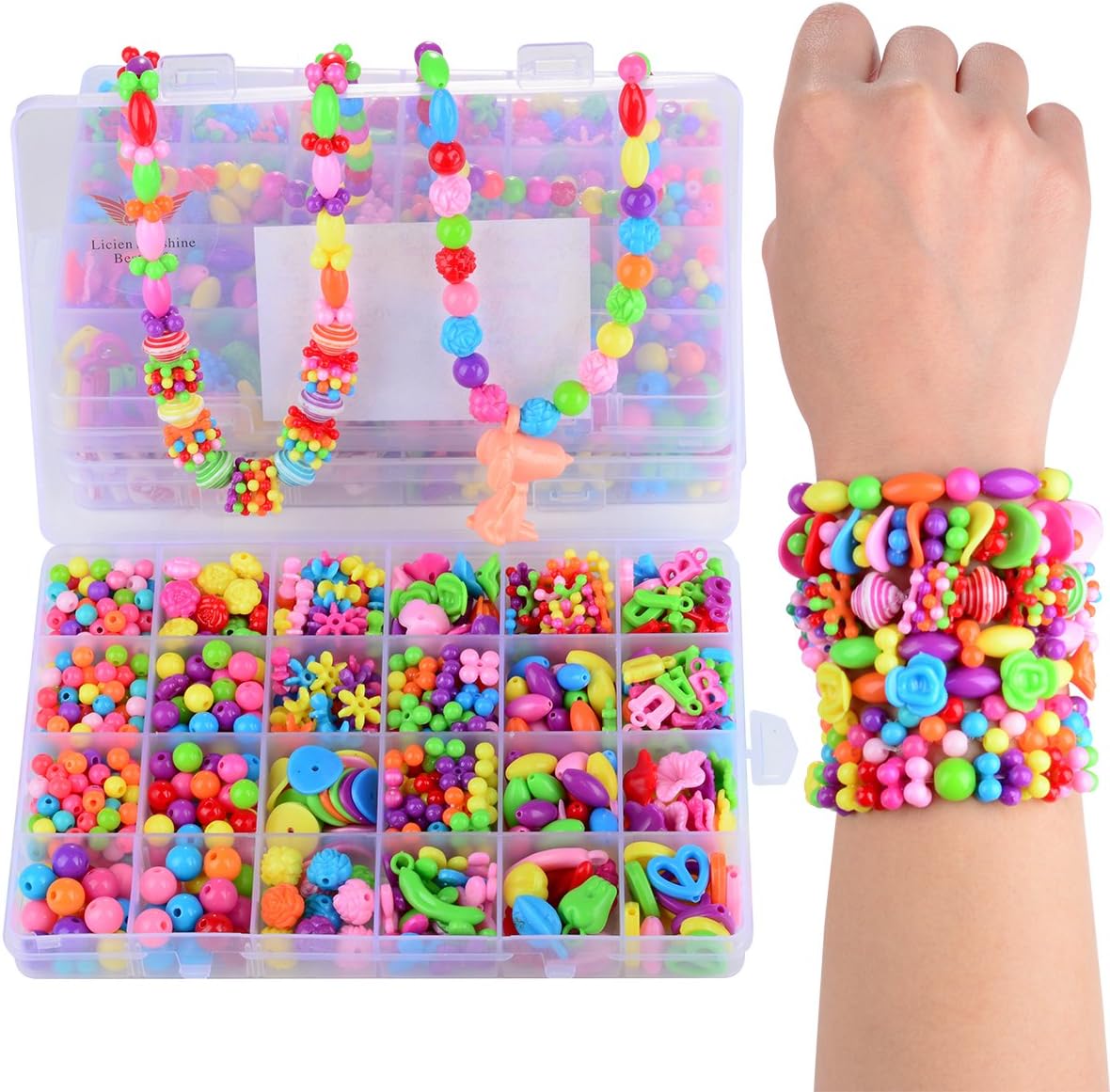 Licien Sunshine DIY Beads Set with Different Types and Shapes of Colorful Acrylic Jewelry Beads in a Box for Children Necklace and Bracelet Crafts gift Best DIY Beads Toys for children 4th to 12 By