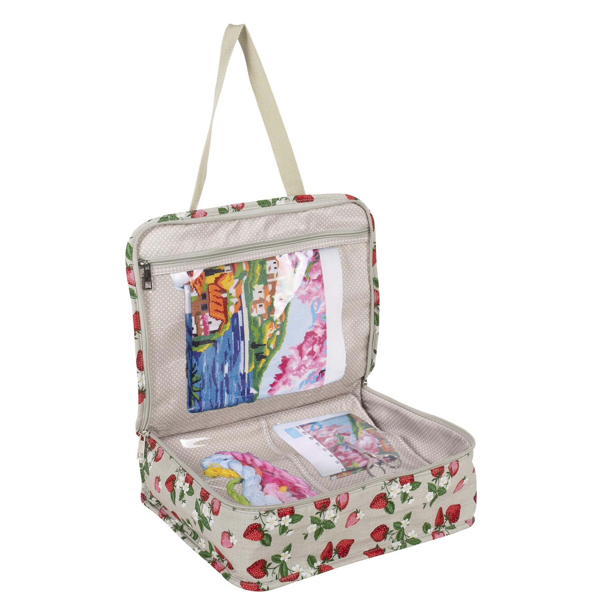 Hobby Gift Large Knitting Bag Project Case - Sewing & Crochet Bag Organiser for Classes & Travel, Craft Bags with Compartments for Storage & Organising, 100% Cotton - 34 x 28 x 12cm, Strawberries