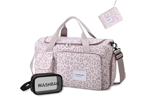 WOOMADA Foldable Travel Duffel Bag with Shoes Compartment, Overnight Bag with Wet Pocket, Weekender Carry On with cosmetic bag for Women（pink leopard）