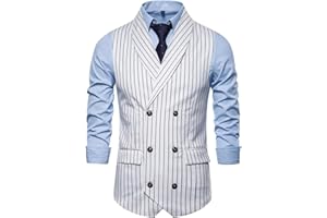 Men's Slim Fit Waistcoat Double Breasted Dress V-Neck Striped Pinstripe Suit Vest 20s Fancy Outfit