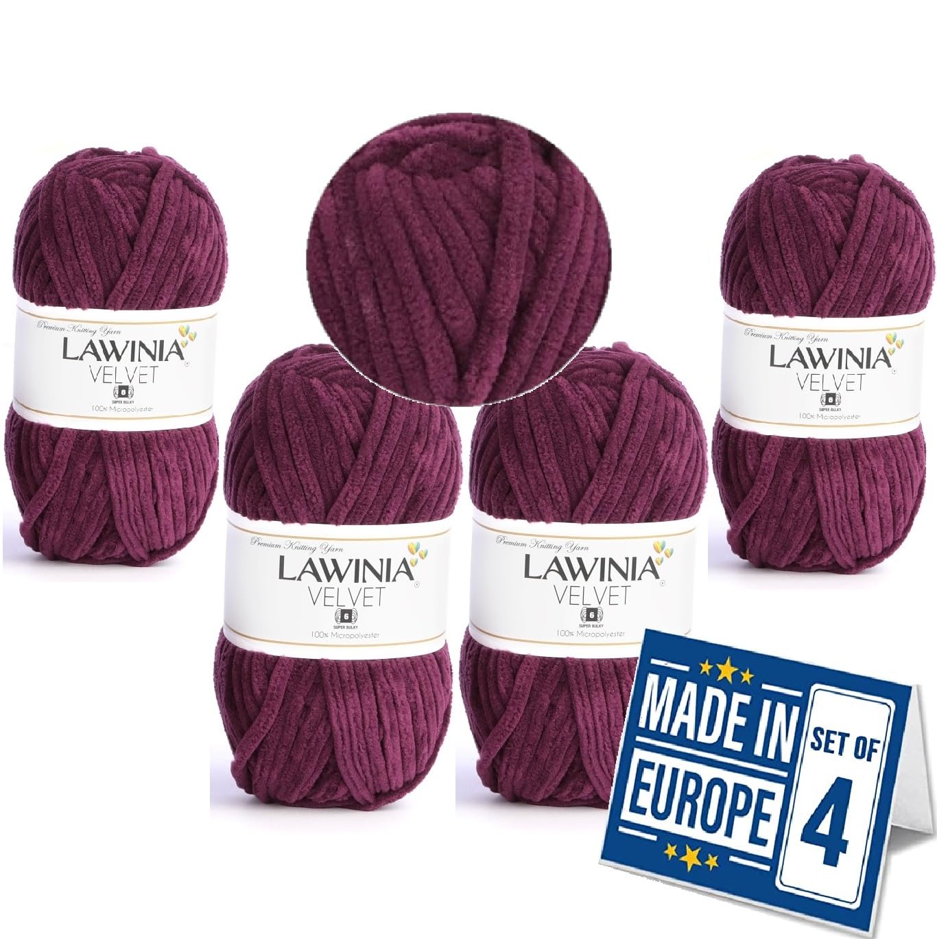 LAWINIA -Velvet Premium Soft Chenille Yarn Chunky, Velvet Yarn Crochet, Does NOT SHED, Plush Blanket Wool for Crochet, Thick Chunky Wool for Knitting, Pack of 4