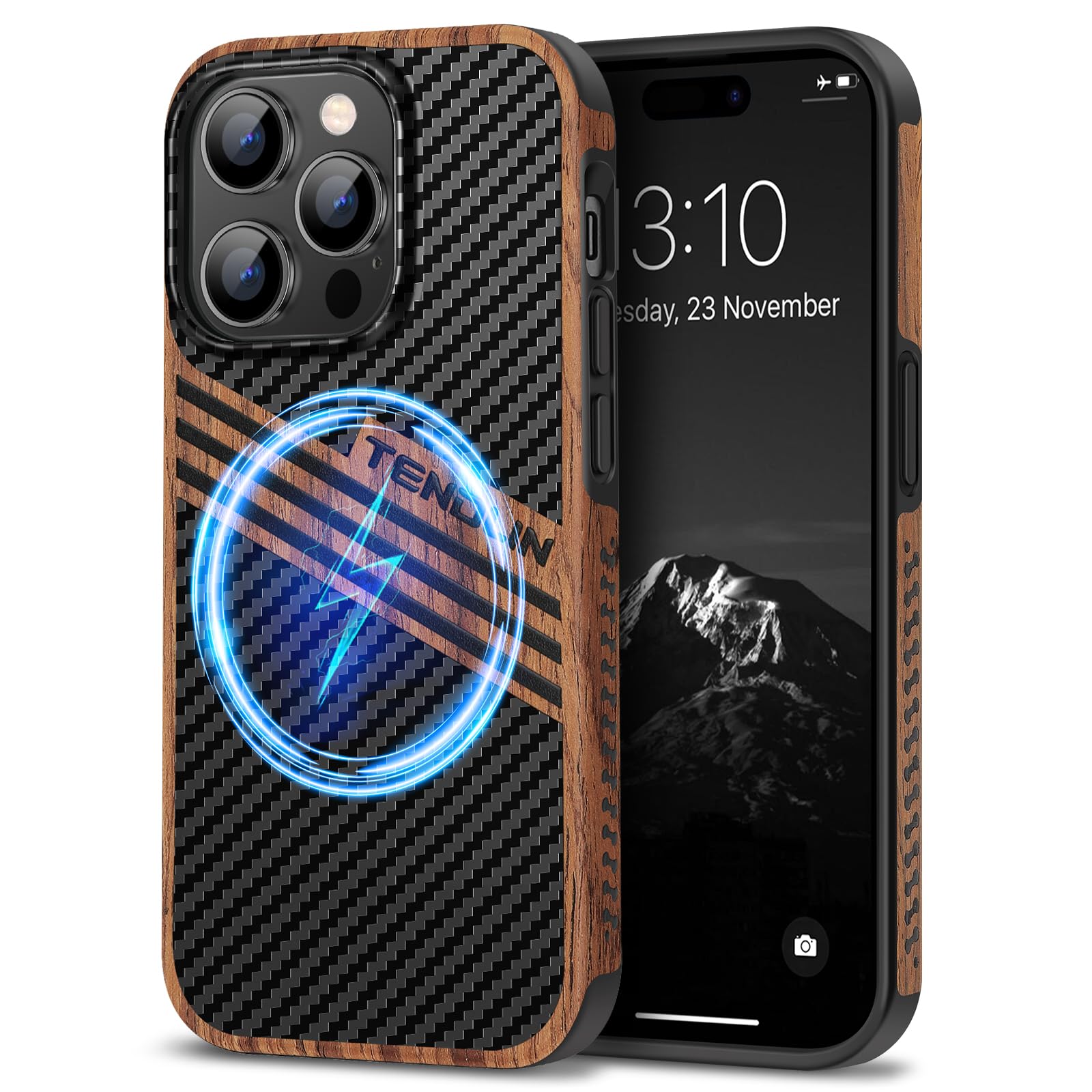 TENDLIN Magnetic Case Compatible with iPhone 14 Pro Max Case Wood Grain with Carbon Fiber Texture Design Leather Hybrid Slim Cover (Compatible with MagSafe) Three Stripe