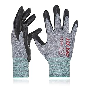 DEX FIT Nitrile Work Gloves FN330, 3D Comfort Stretch Fit, Durable Power Grip Foam Coated, Smart Touch, Thin Machine Washable, Grey Small 3 Pairs Pack