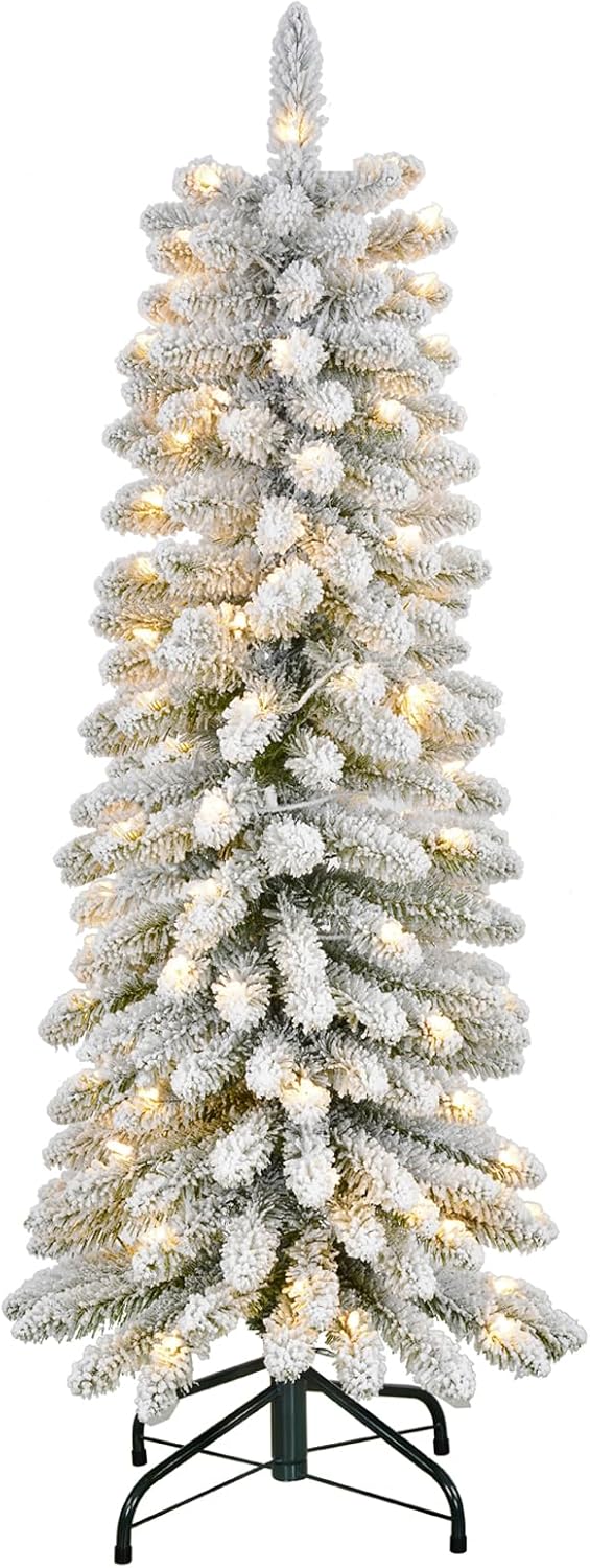 Trees - MAYZUS 4.5FT Pencil Christmas Tree Pre-Lit, Flocked Xmas Tree with 100 UL Clear Lights, 240 PVC Flocked Frosted Tips, Collapsible for Easy Storage Metal Stand, Slim Modern Style Artificial Tree