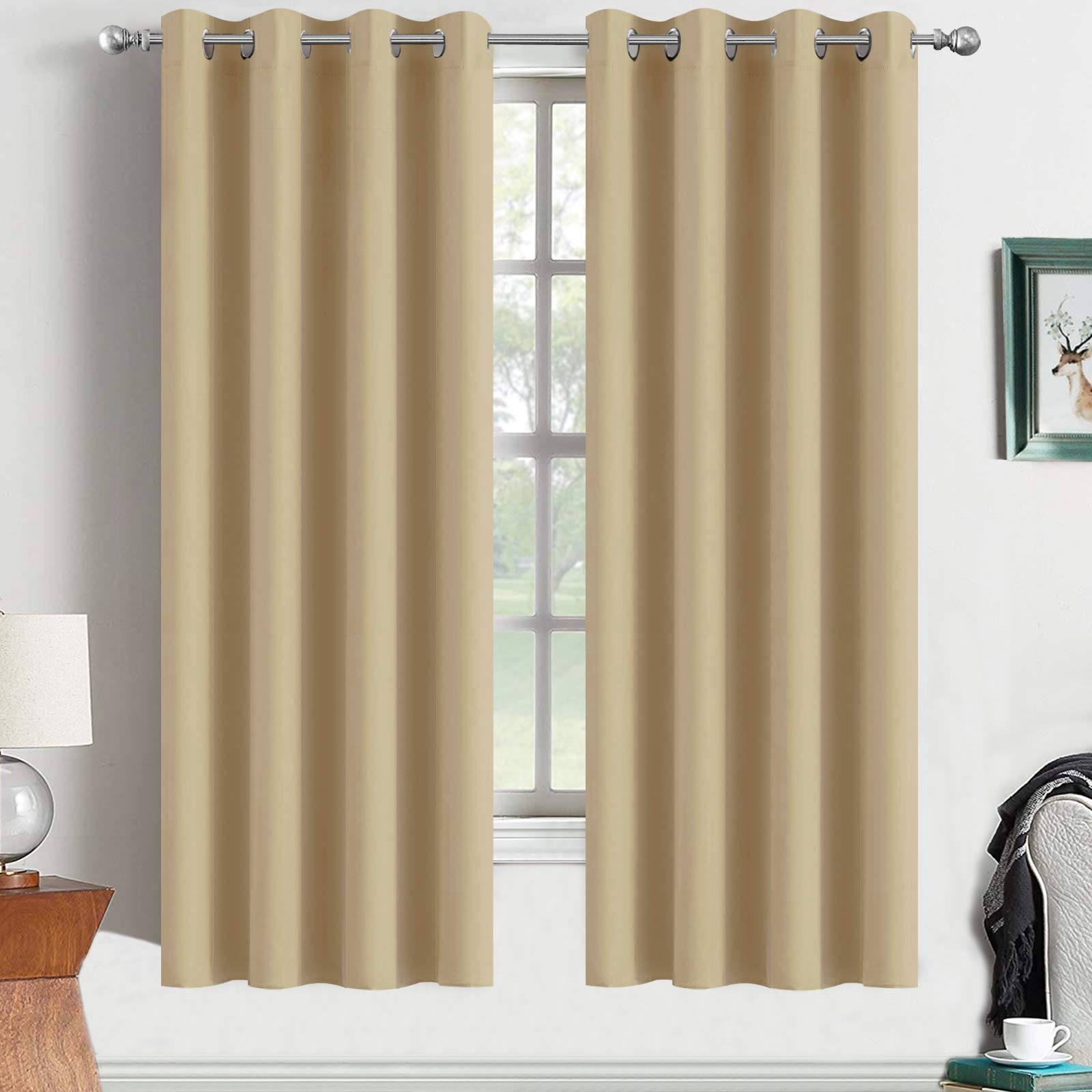 Yakamok Curtains 63 Inch Length Room Darkening Thermal Insulated Window Treatment Curtain Drapes with Grommet for Living Room(2 Panels,52Wx63L, Beige)