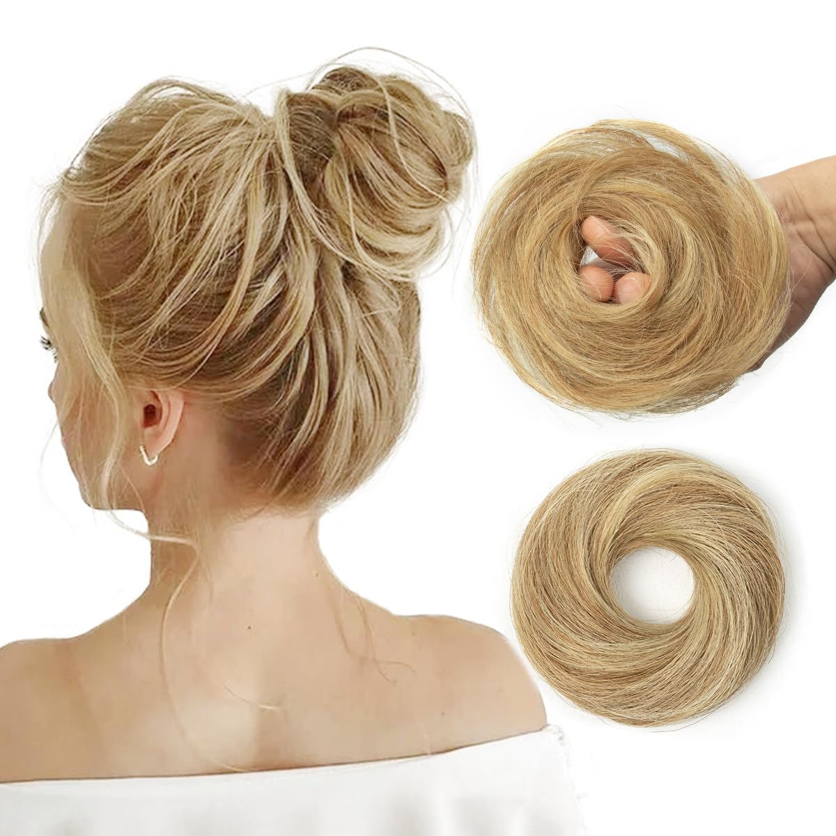 Hair Bun for Women, Ponytail Extensions Human Hair, Honey Golden Highlights Ponytail Hair Accessories Elastic Easy Scrunchie for Women