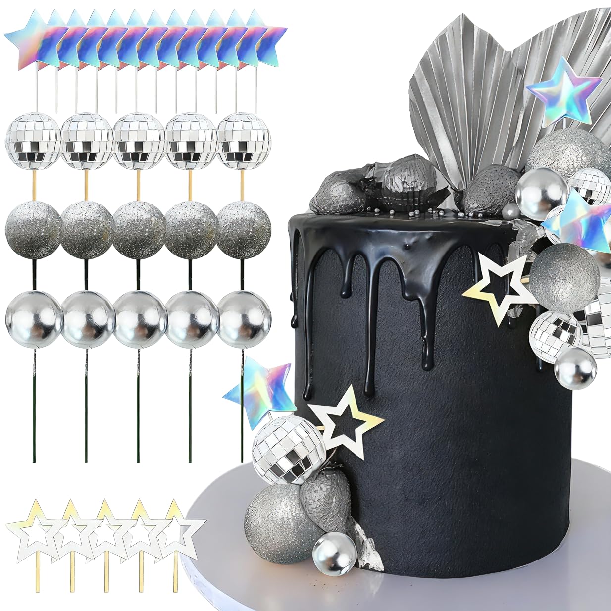 JeVenis Disco Ball Cake Topper Dancing Queen Cake Topper 80s Cake Decorations Silver Cake Balls Silver Cake Decorations Disco Ball Cake Toppers