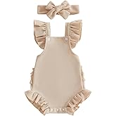 Covvoliy ​Infant Baby Girl Summer Clothes Outfits Cute Print Fly Sleeve Romper Jumpsuit Bodysuit with Headband