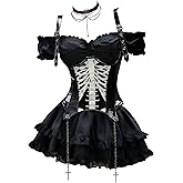 MEOWCOS Gothic Corset Skirt Set Black Gothic Costume Set with Skeleton Corset Tube Top and Layered Skirt with Gloves
