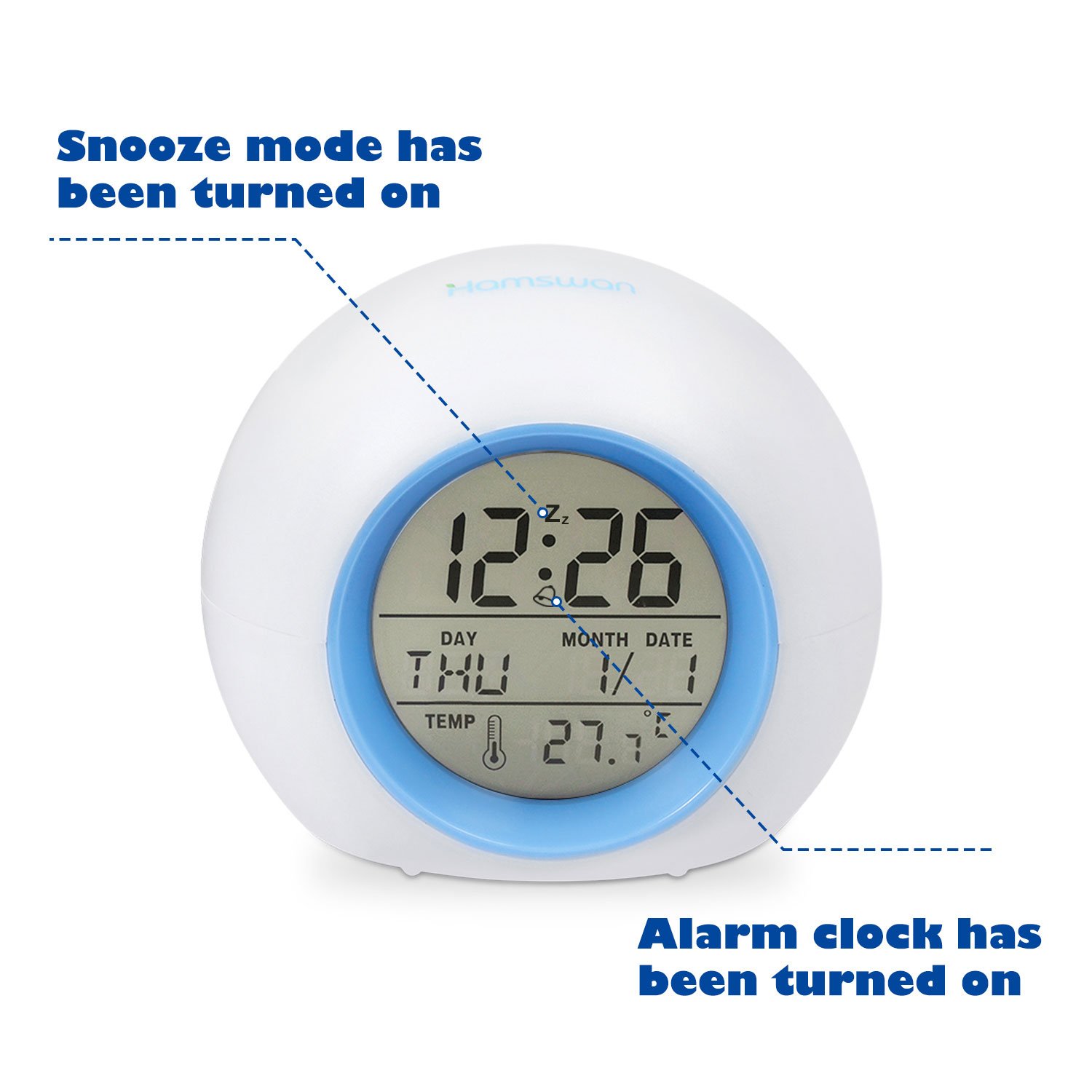 [Kids Gifts] HAMSWAN 7 Colors Changing Alarm Clock Nature Sounds One Tap Control Sleep-Friendly with Indoor Temperature Display for Working Parents, Students etc (Light Blue)