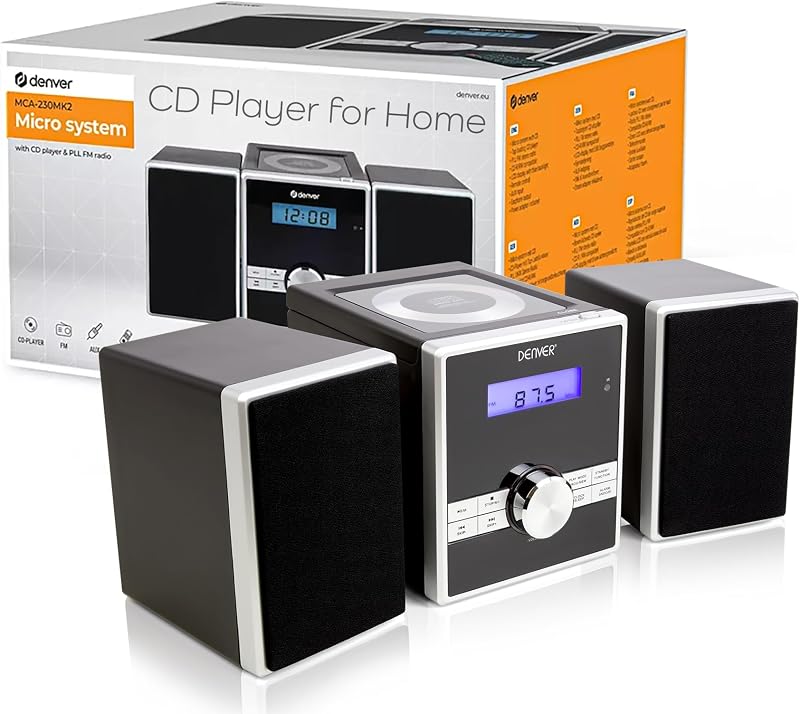 Denver MCA-230 Mini HiFi System CD Player with Speakers, FM Radio, Clock