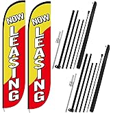 Preboun 2 Pcs Now Leasing Feather Flag Pole Kit 15 ft Red and Yellow Now Leasing Advertising Flags for Outside Real Estate Advertising Feather Banner with Pole Kit and Ground Stake for Business