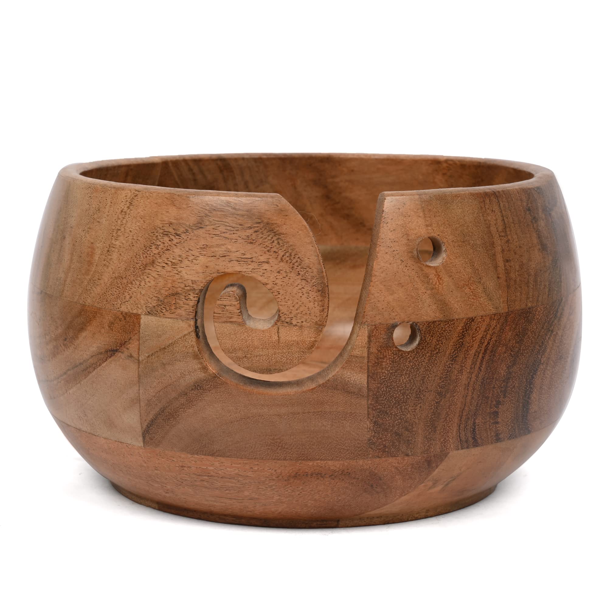 EDHAS Acacia Wood Yarn Bowl Holder | Handmade Holder with Holes | Yarn/Wool/String Storage Accessory (7