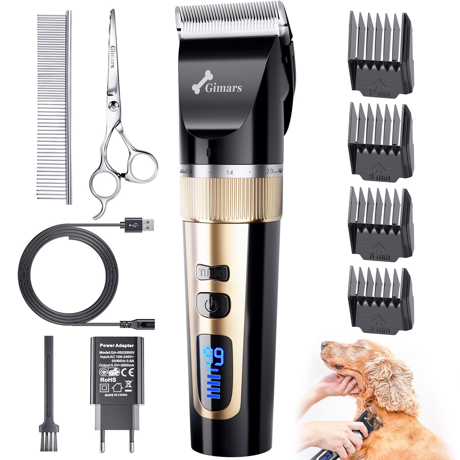 Gimars 3 in 1 Low Noise 7000 RPM Dog Clippers, Cordless Professional Dog Grooming Clippers Kit, Rechargeable Pet Shaver with Comb & Scissors for Dogs, Cats & Horse Thick Hair