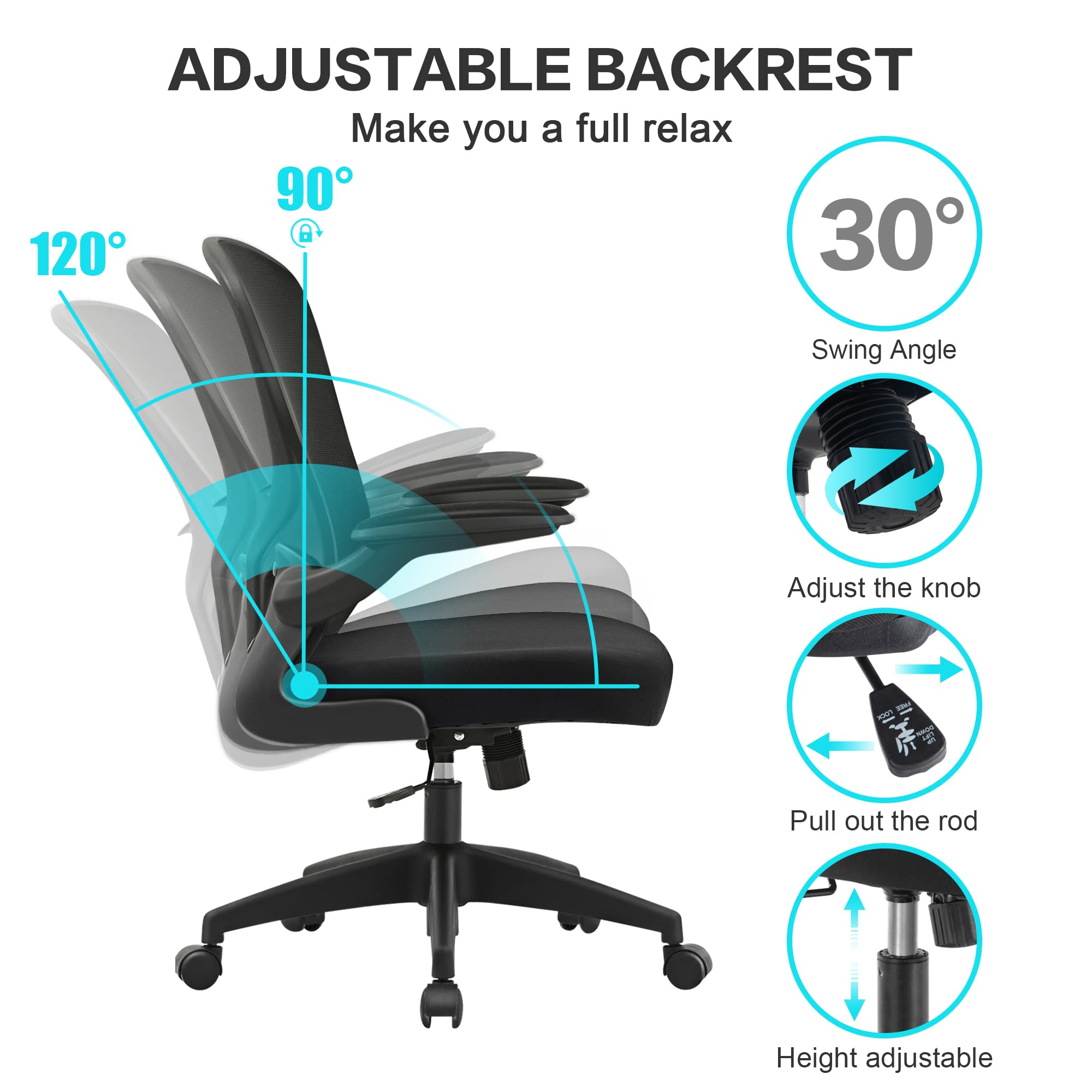 FelixKing Office Desk Chairs, Ergonomic PC Desk Chair with Wheels, Adjustable Lumbar Support and Height, Swivel Computer Chair with Flip-up Armrests, Ergo Mesh Backrest for Working (Black)