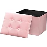 AmasSmile Storage Ottoman Foot Rest Stool, 17 inches Velvet Footstool Bench, Short Ottoman Stool, Small Folding Blanket Ottomans Store Books, Records, Pink
