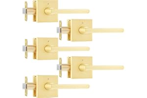 Leydebong 5 Pack Door Handles Keyless Privacy Door Lever Interior Door Handles Knobs, Left/Right Handing, Satin Brass Finish, Heavy Duty Constructions