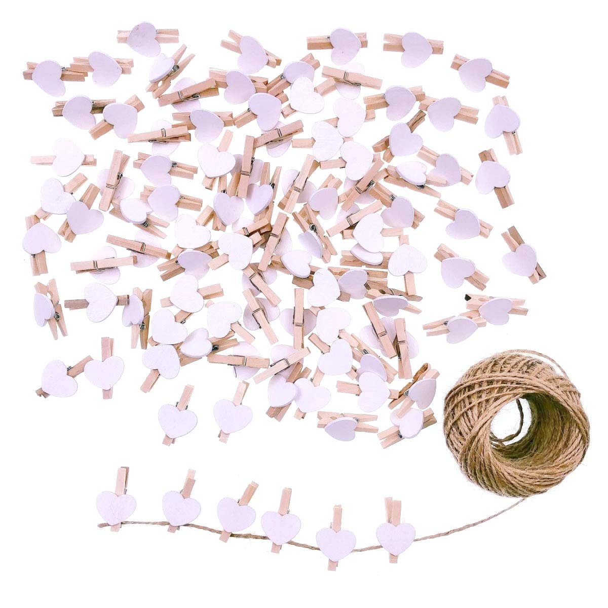 JZK 100 x Mini Wooden White Heart pegs 3cm + Jute Twine String 30m for Wedding Party Photo Holder Card Decoration and DIY Craft