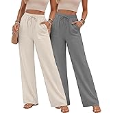 Neer 2 Pack Women's Linen Long Pants, Summer Drawstring Elastic Waist Flowy Straight Pant Casual Loose Beach Pant with Pocket