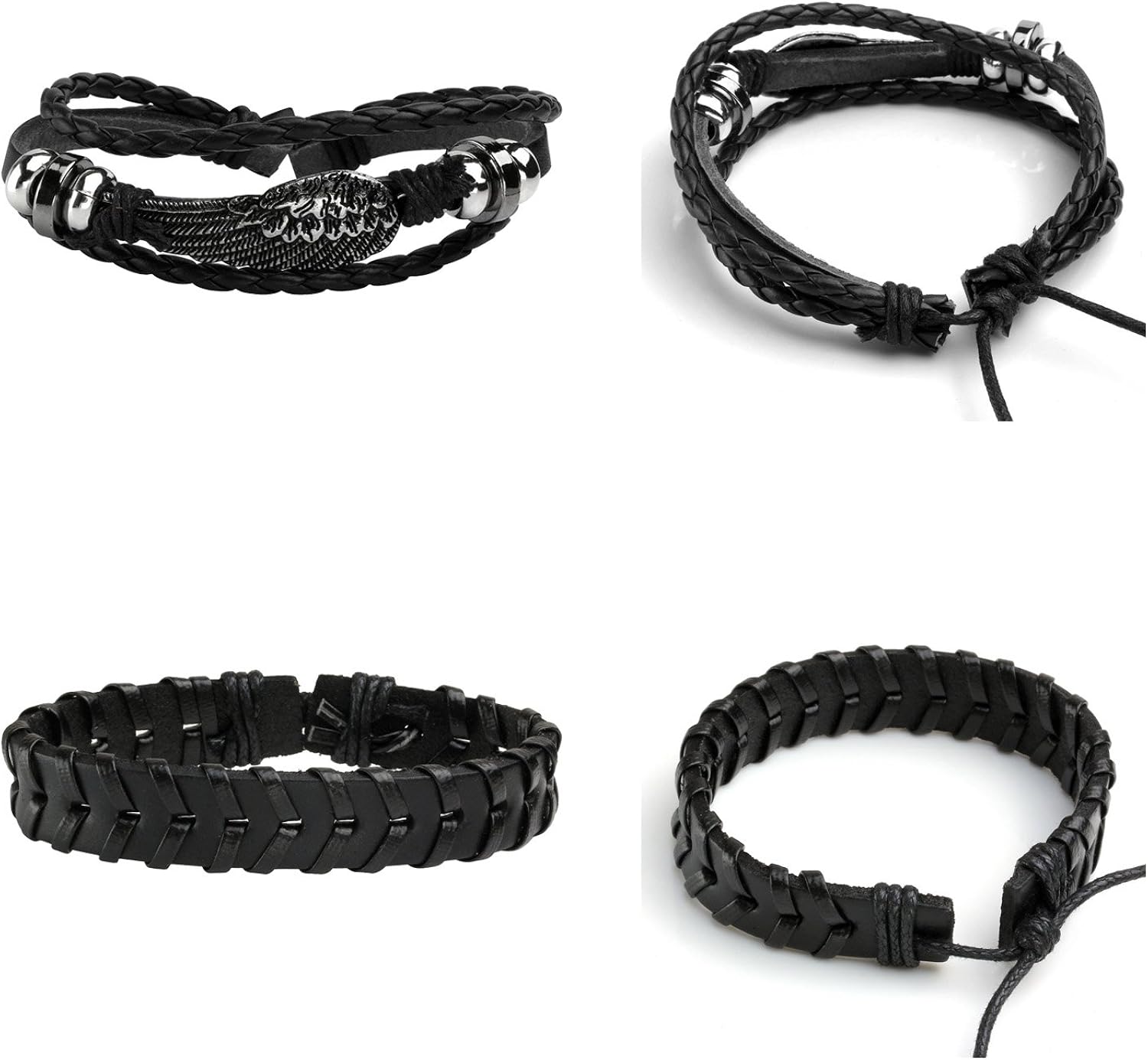 MILAKOO 5Pcs Braided PU Leather Bracelets for Men Women Punk Gothic Woven Cuff Wristaband Adjustable, Black, 7 pouces - Image 4