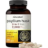 NatureBell Psyllium Husk Fiber Capsules 2,000mg Per Serving, 360 Caps | Soluble Fiber Supplement | 3-in-1 with Inulin & Chia Seed | Plant Based, Non-GMO, Gluten Free