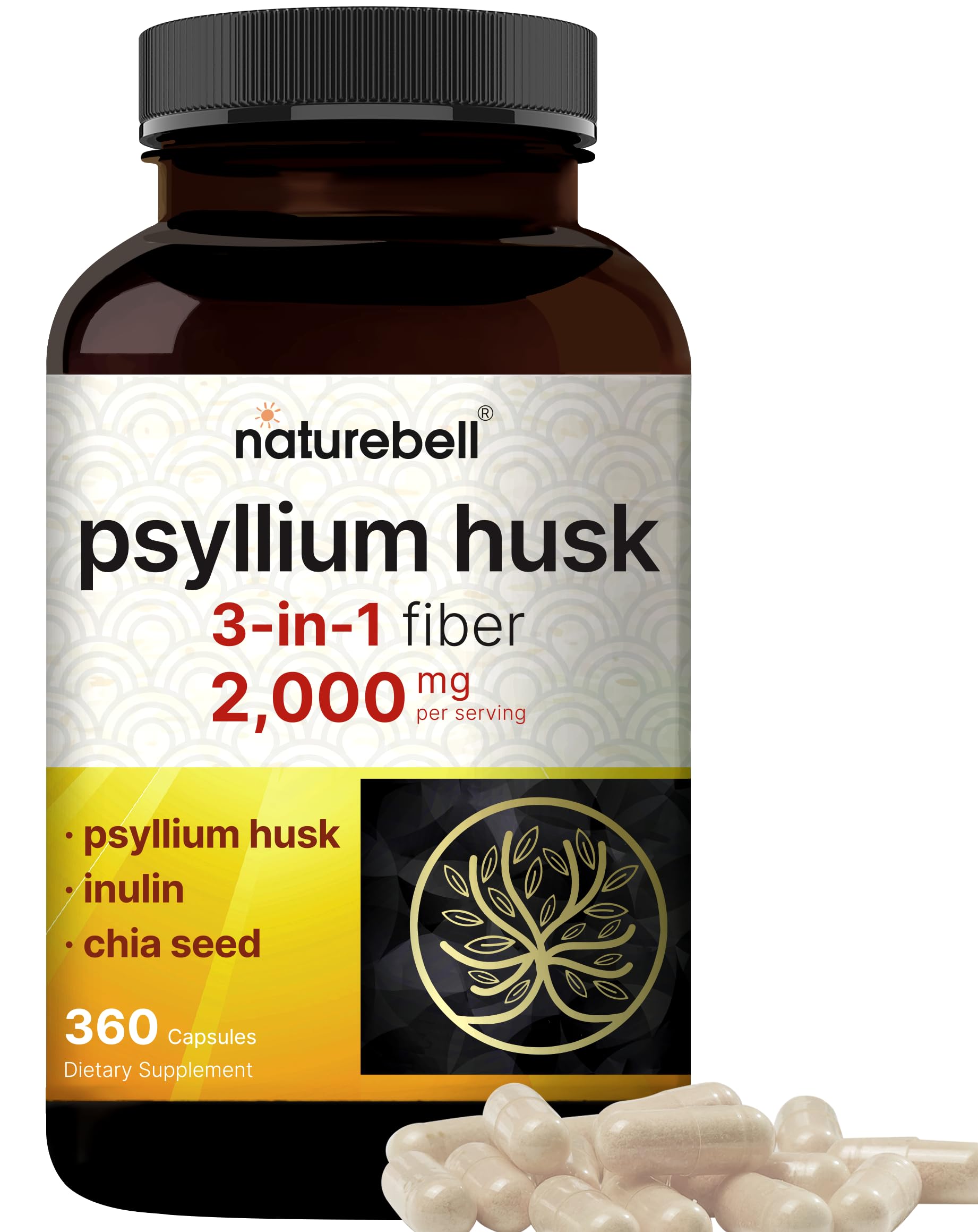 NatureBell Psyllium Husk Capsules 2,000mg Per Serving, 360 Count, with Inulin & Chia Seed – Soluble Fiber for Digestion – Plant Based Herbal Fiber Supplement, Non-GMO, Gluten Free
