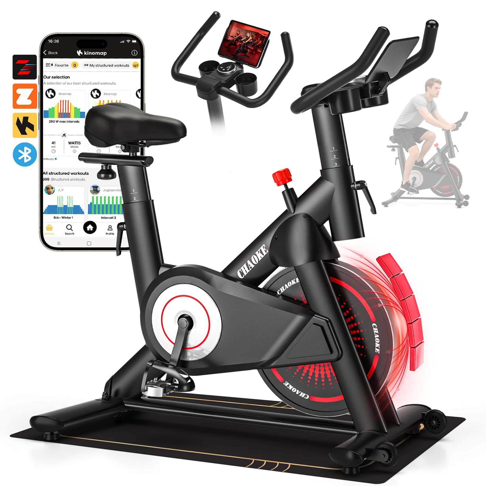 CHAOKE Exercise Bike, Quiet Adjustable Magnetic Stationary Bike for Home Cardio with App Compatible, 350LB Weight Capacity Indoor Cycling Bike with Mat, Large Seat, Digital Display for Home Fitness Image