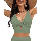 LookbookStore Tankini Tops for Women Cut Out Long Bikini Top Twist Knot Padded Adjustable Swimsuit Tops Only Resort Wear