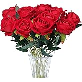SITUMEIZI 15PCS Red Artificial Roses Silk Flowers Fake Roses Realistic Bouquet Long Stem with Gift Box for Mother's Gift Day Home Party Wedding Decorations